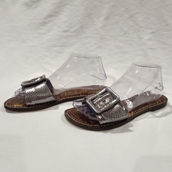 Sam Edelman Granada Snake Skin Embossed Metallic Silver Sandals With Big Buckle - Picture 2 of 8
